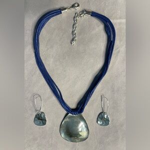Silver Pendant w/ Navy Blue Cord Jewelry Set. Earrings 2”Necklace 9” All silver